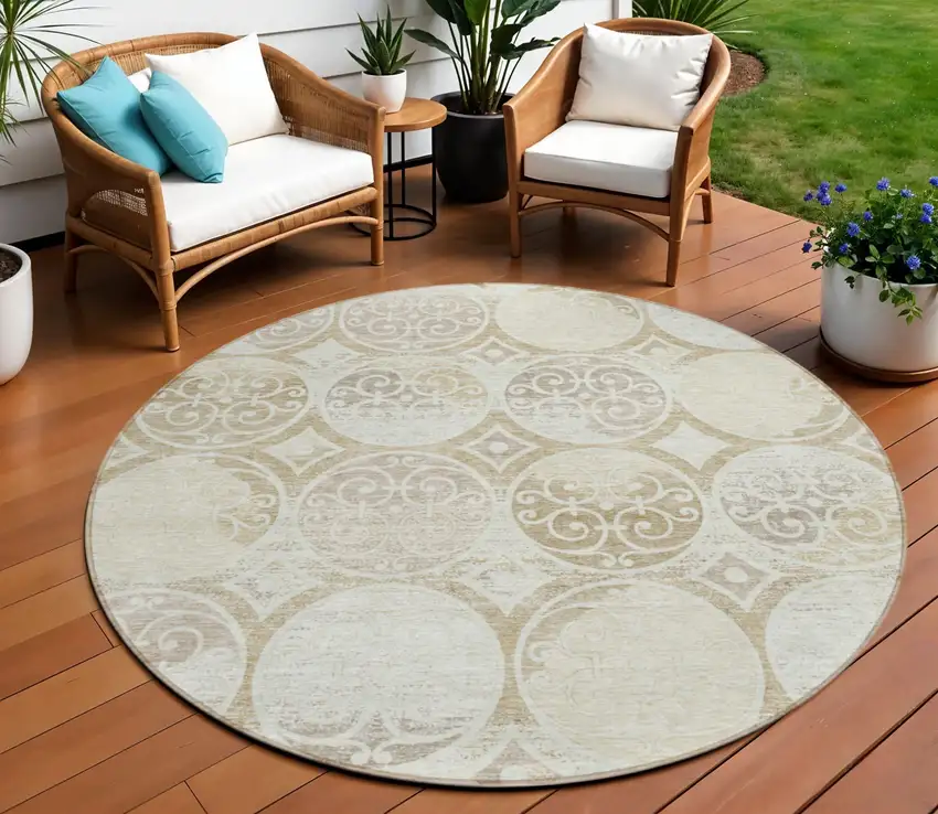 8' Ivory Beige And Taupe Round Trellis Washable Indoor Outdoor Area Rug Photo 1