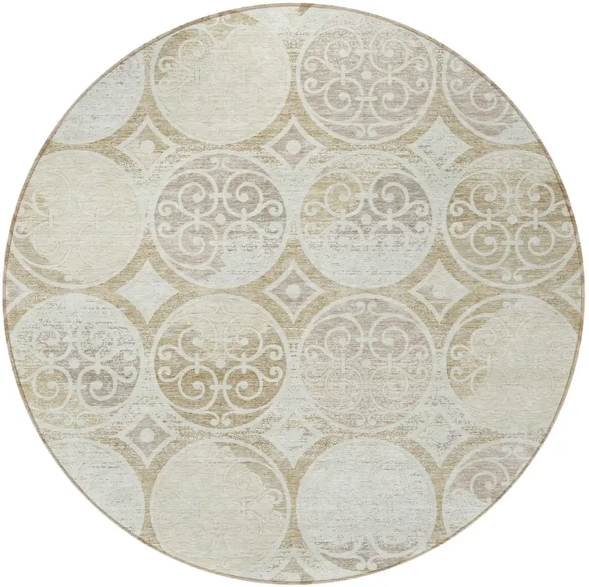 8' Ivory Beige And Taupe Round Trellis Washable Indoor Outdoor Area Rug Photo 5