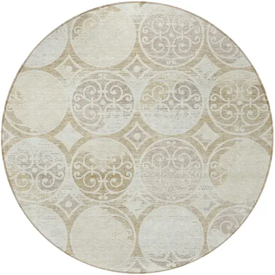 8' Ivory Beige And Taupe Round Trellis Washable Indoor Outdoor Area Rug Photo 5