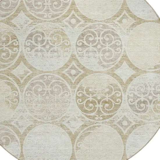 8' Ivory Beige And Taupe Round Trellis Washable Indoor Outdoor Area Rug Photo 4