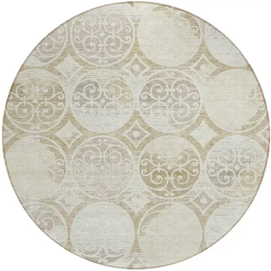 8' Ivory Beige And Taupe Round Trellis Washable Indoor Outdoor Area Rug Photo 1