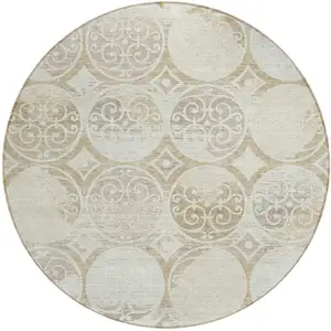 Photo of 8' Ivory Beige And Taupe Round Trellis Washable Indoor Outdoor Area Rug
