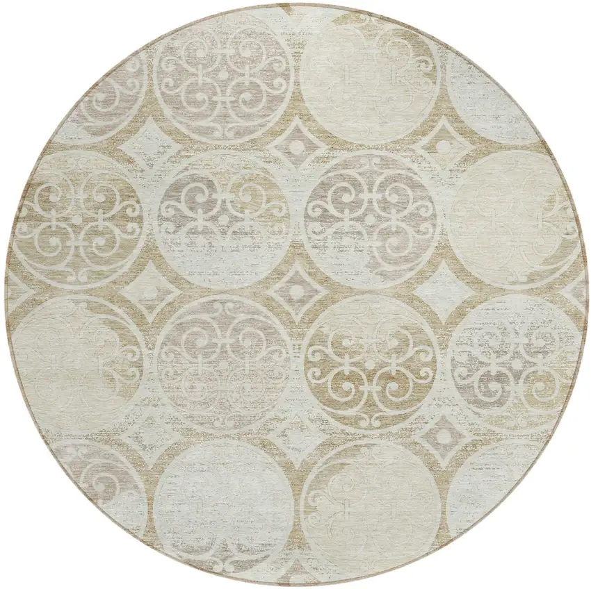 8' Ivory Beige And Taupe Round Trellis Washable Indoor Outdoor Area Rug Photo 1