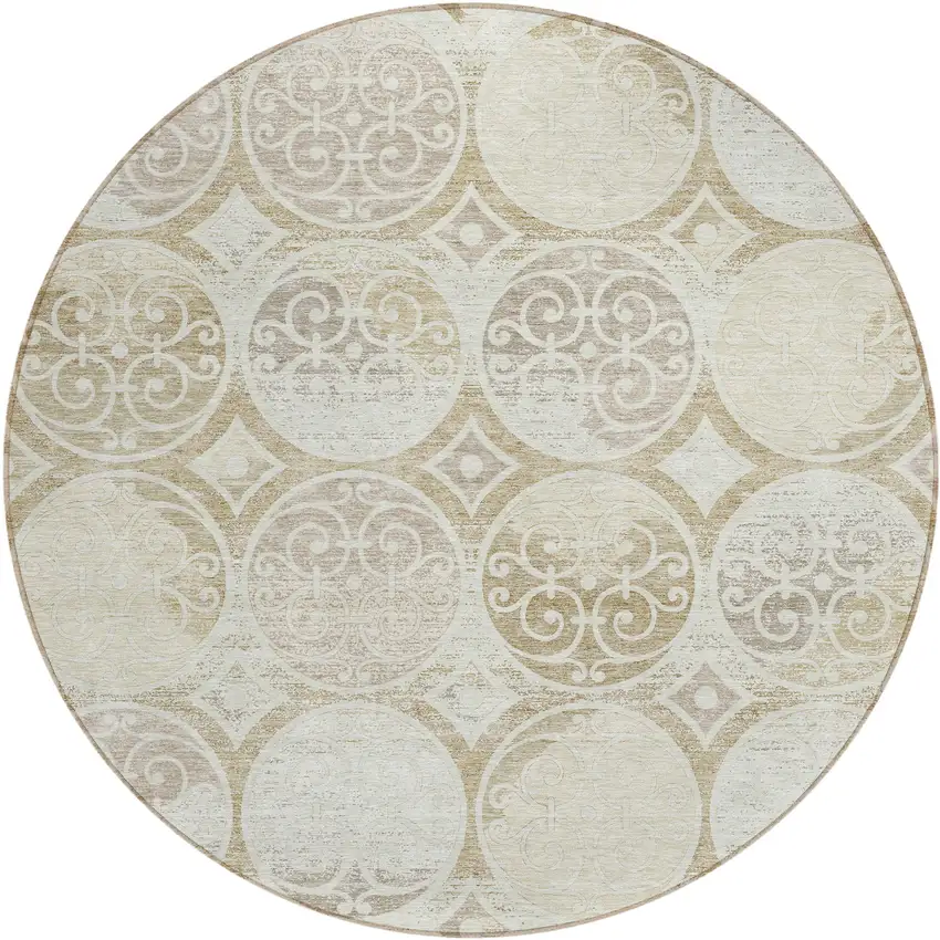 8' Ivory Beige And Taupe Round Trellis Washable Indoor Outdoor Area Rug Photo 1