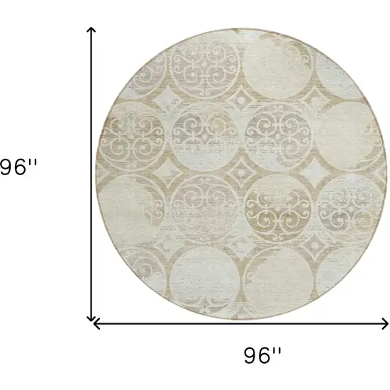 8' Ivory Beige And Taupe Round Trellis Washable Indoor Outdoor Area Rug Photo 3