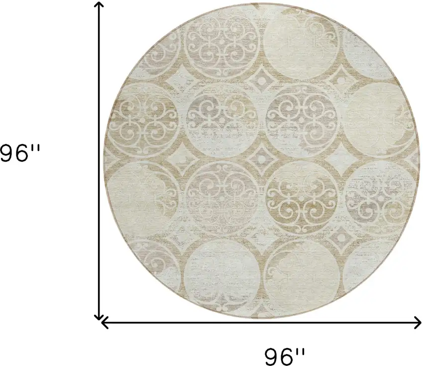 8' Ivory Beige And Taupe Round Trellis Washable Indoor Outdoor Area Rug Photo 3