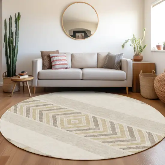8' Ivory Beige And Taupe Southwestern Washable Round Rug With UV Protection Photo 4