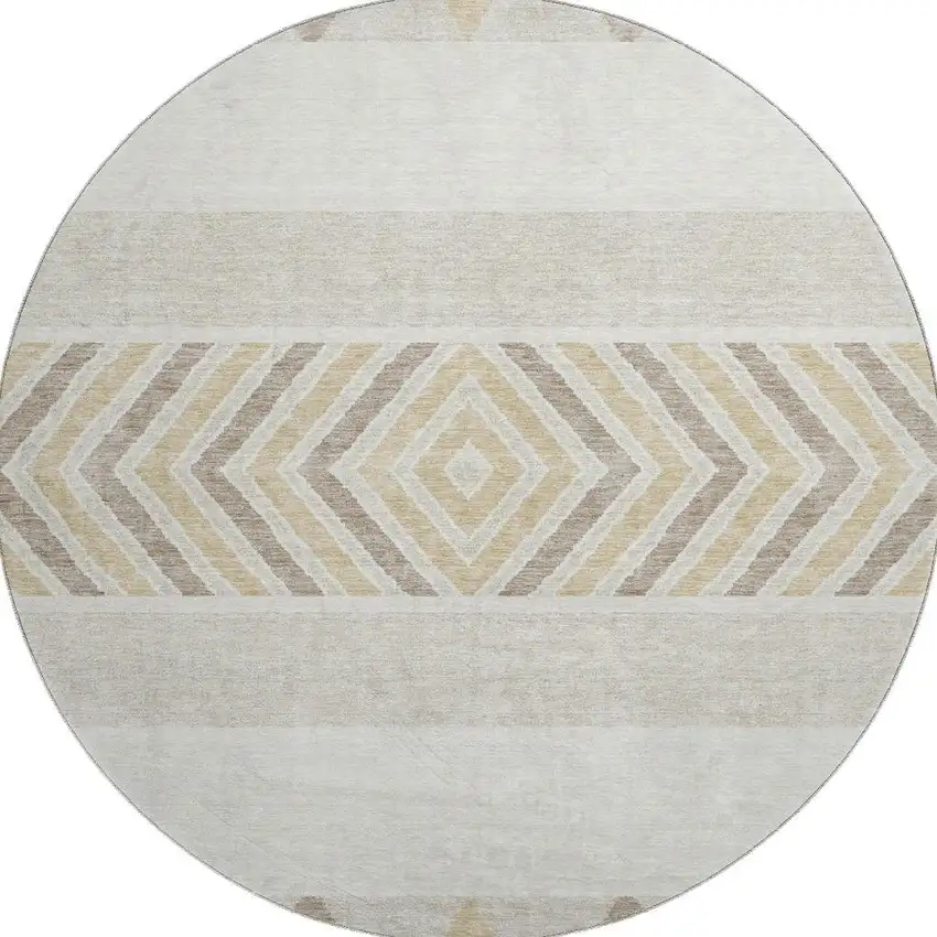8' Ivory Beige And Taupe Southwestern Washable Round Rug With UV Protection Photo 3