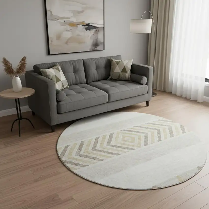 8' Ivory Beige And Taupe Southwestern Washable Round Rug With UV Protection Photo 2