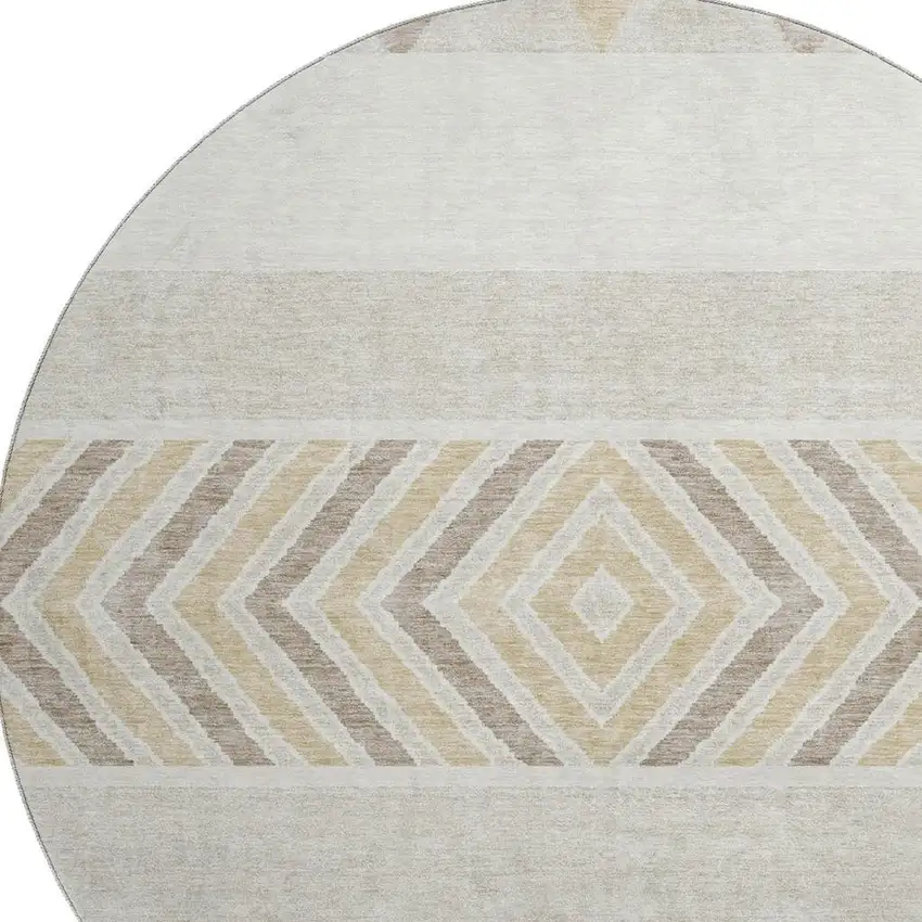 8' Ivory Beige And Taupe Southwestern Washable Round Rug With UV Protection Photo 2