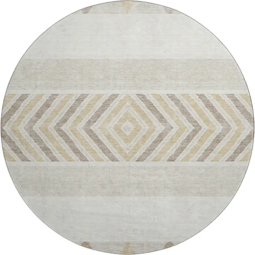 8' Ivory Beige And Taupe Southwestern Washable Round Rug With UV Protection Photo 1