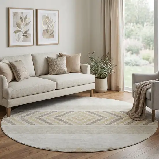 8' Ivory Beige And Taupe Southwestern Washable Round Rug With UV Protection Photo 1