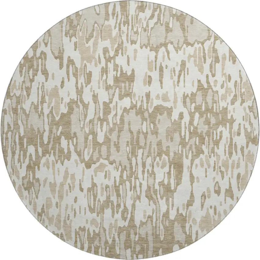 8' Ivory Beige And Taupe Striped Washable Round Rug With UV Protection Photo 1