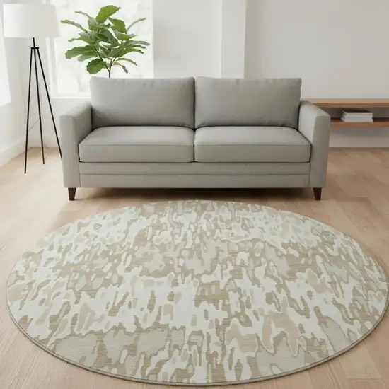 8' Ivory Beige And Taupe Striped Washable Round Rug With UV Protection Photo 2