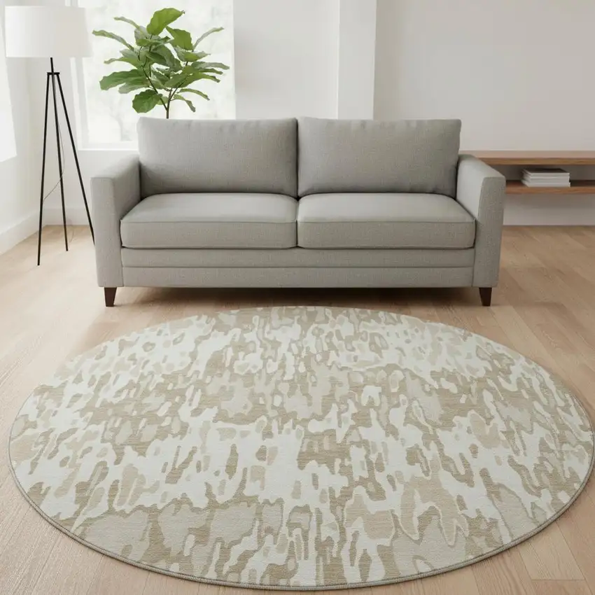 8' Ivory Beige And Taupe Striped Washable Round Rug With UV Protection Photo 2