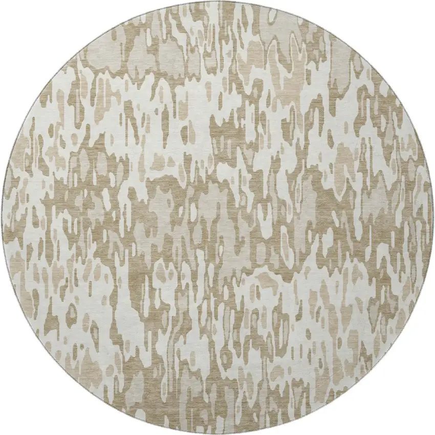 8' Ivory Beige And Taupe Striped Washable Round Rug With UV Protection Photo 2