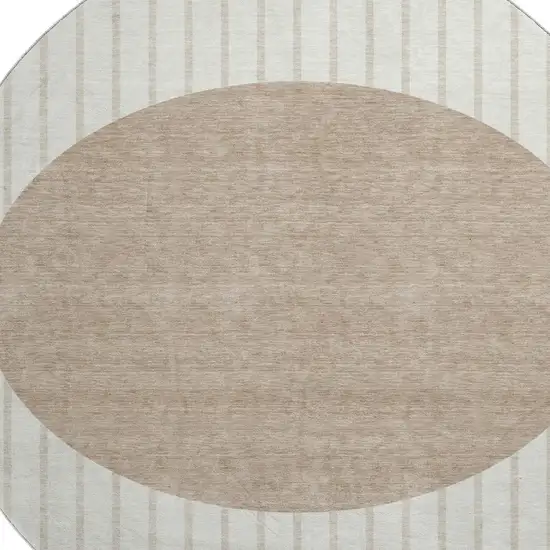8' Ivory Beige And Taupe Striped Washable Round Rug With UV Protection Photo 2
