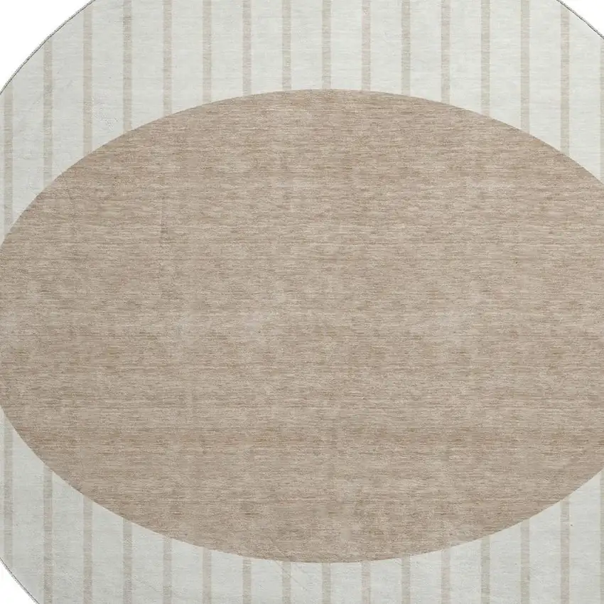8' Ivory Beige And Taupe Striped Washable Round Rug With UV Protection Photo 2