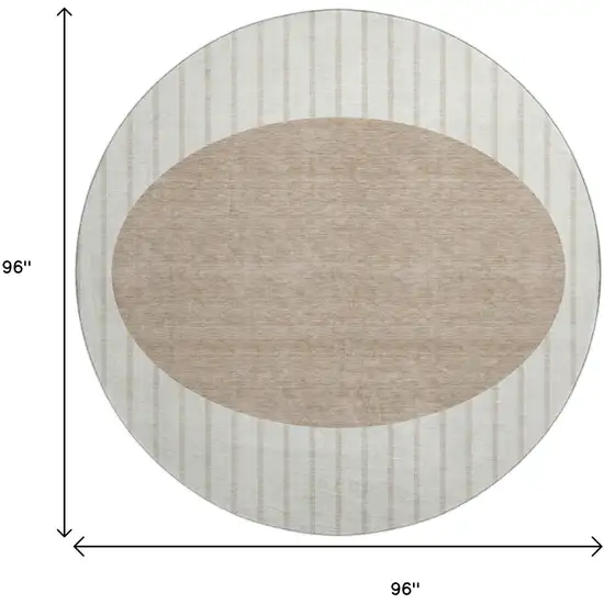 8' Ivory Beige And Taupe Striped Washable Round Rug With UV Protection Photo 9