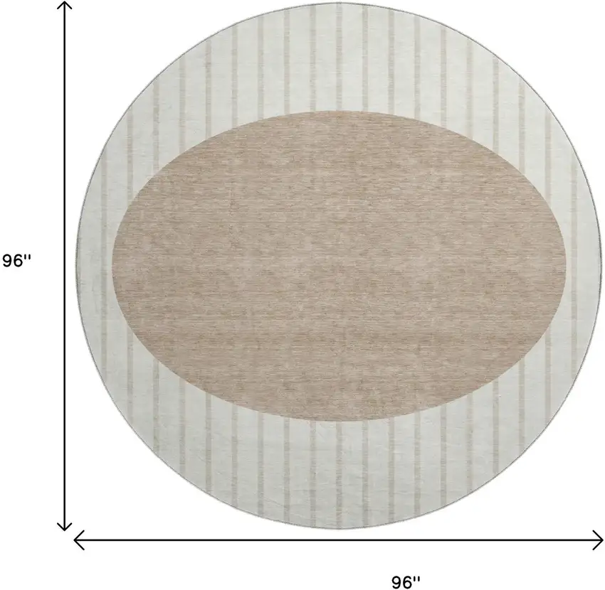 8' Ivory Beige And Taupe Striped Washable Round Rug With UV Protection Photo 9