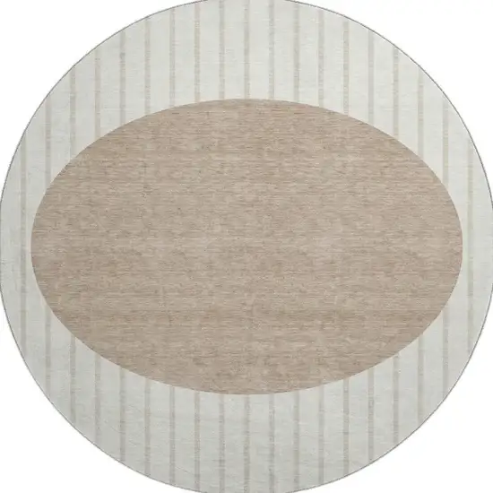 8' Ivory Beige And Taupe Striped Washable Round Rug With UV Protection Photo 3
