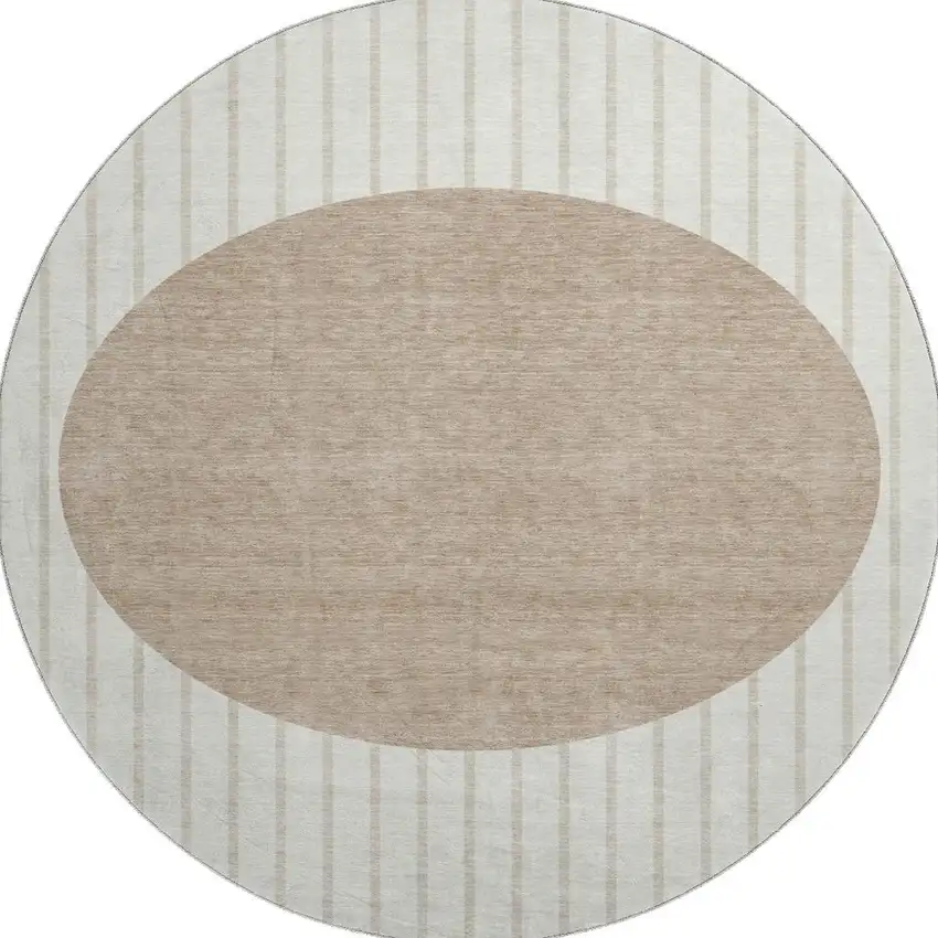 8' Ivory Beige And Taupe Striped Washable Round Rug With UV Protection Photo 3