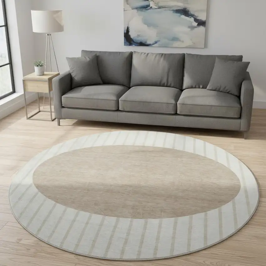 8' Ivory Beige And Taupe Striped Washable Round Rug With UV Protection Photo 2