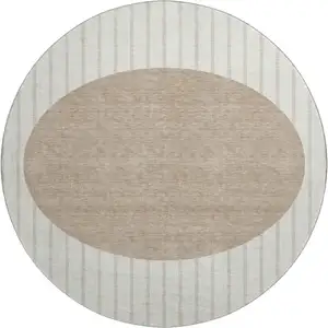 Photo of 8' Ivory Beige And Taupe Striped Washable Round Rug With UV Protection