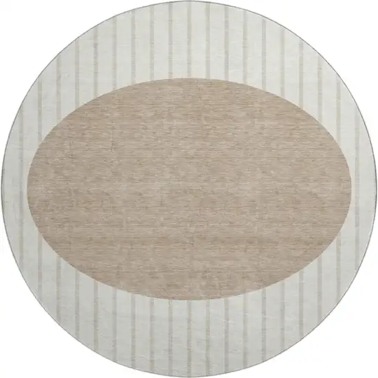 8' Ivory Beige And Taupe Striped Washable Round Rug With UV Protection Photo 1