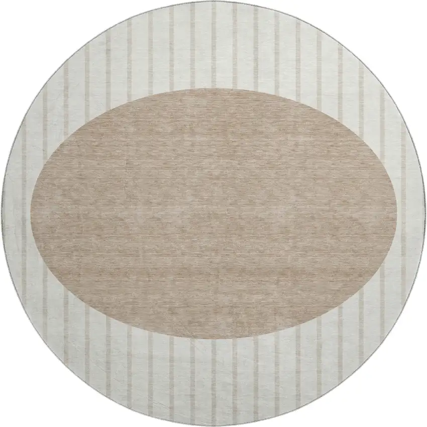 8' Ivory Beige And Taupe Striped Washable Round Rug With UV Protection Photo 1