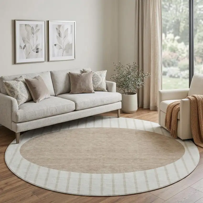 8' Ivory Beige And Taupe Striped Washable Round Rug With UV Protection Photo 1