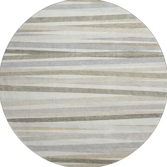 8' Ivory Beige And Taupe Striped Washable Round Rug With UV Protection Photo 3