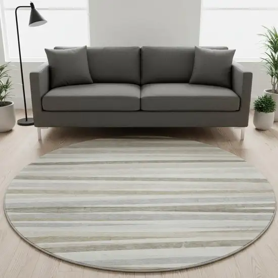 8' Ivory Beige And Taupe Striped Washable Round Rug With UV Protection Photo 2