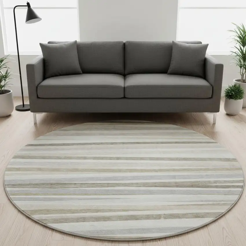 8' Ivory Beige And Taupe Striped Washable Round Rug With UV Protection Photo 2