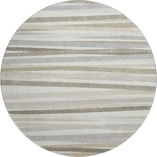 8' Ivory Beige And Taupe Striped Washable Round Rug With UV Protection Photo 1
