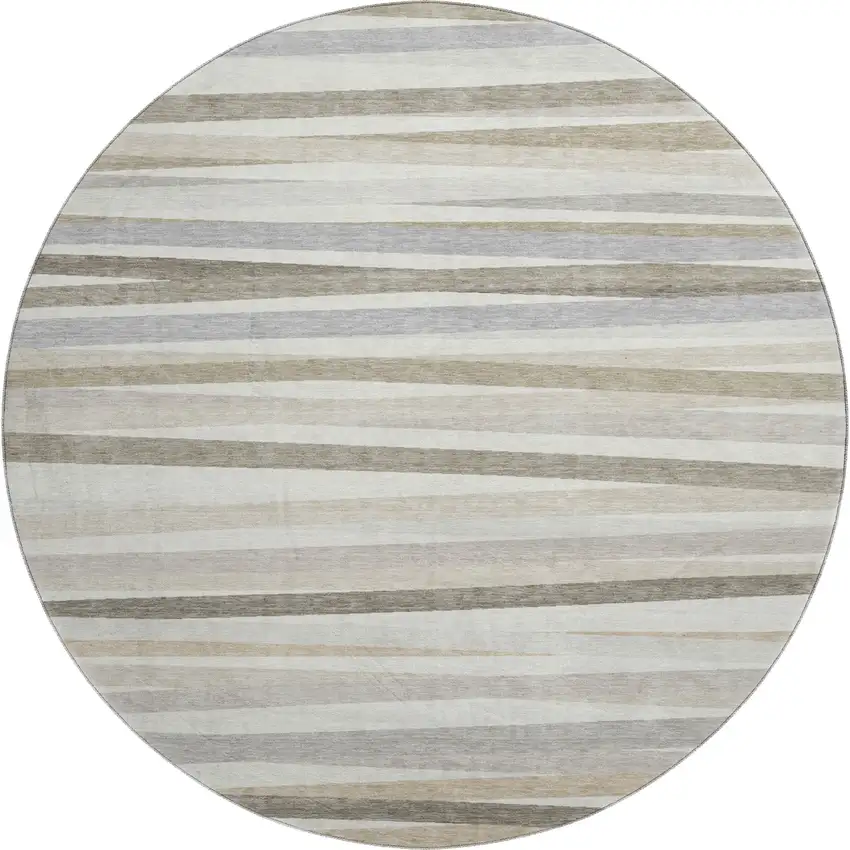 8' Ivory Beige And Taupe Striped Washable Round Rug With UV Protection Photo 1