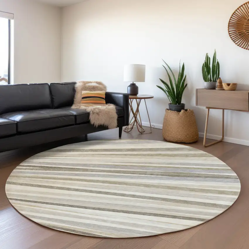 8' Ivory Beige And Taupe Striped Washable Round Rug With UV Protection Photo 4