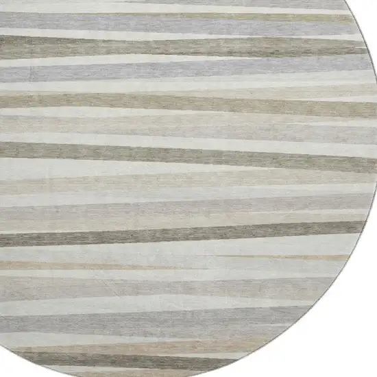 8' Ivory Beige And Taupe Striped Washable Round Rug With UV Protection Photo 2