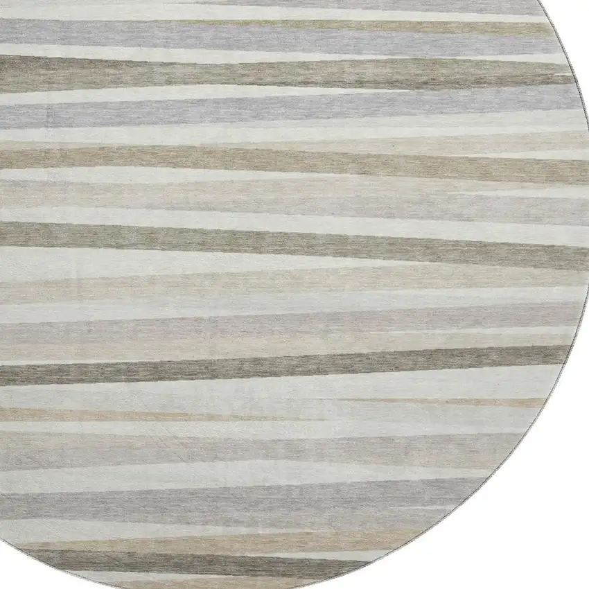 8' Ivory Beige And Taupe Striped Washable Round Rug With UV Protection Photo 2