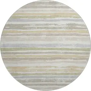 Photo of 8' Ivory Beige And Taupe Striped Washable Round Rug With UV Protection
