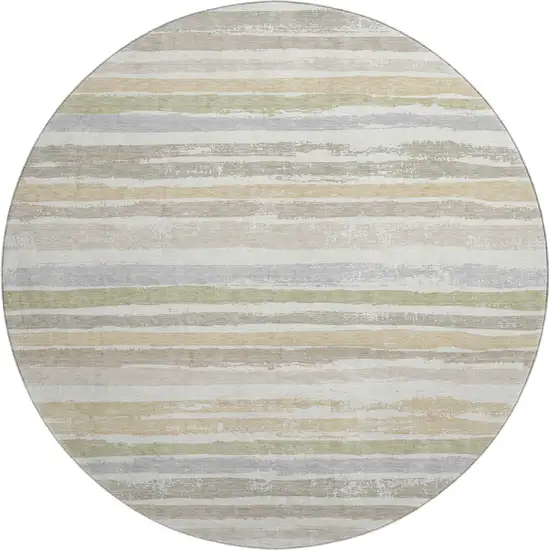 8' Ivory Beige And Taupe Striped Washable Round Rug With UV Protection Photo 1
