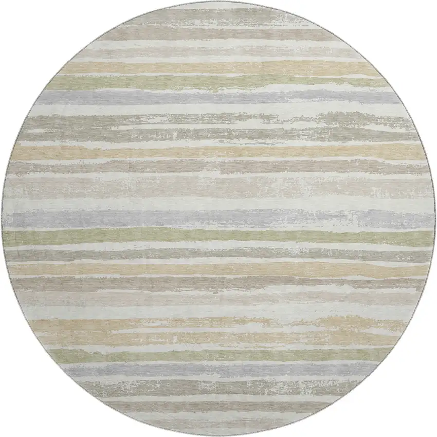 8' Ivory Beige And Taupe Striped Washable Round Rug With UV Protection Photo 1