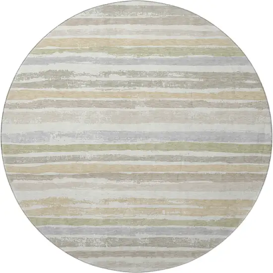 8' Ivory Beige And Taupe Striped Washable Round Rug With UV Protection Photo 2