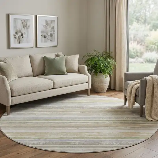 8' Ivory Beige And Taupe Striped Washable Round Rug With UV Protection Photo 1