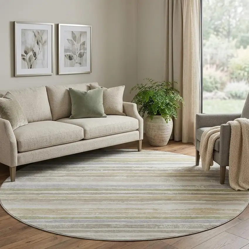 8' Ivory Beige And Taupe Striped Washable Round Rug With UV Protection Photo 1