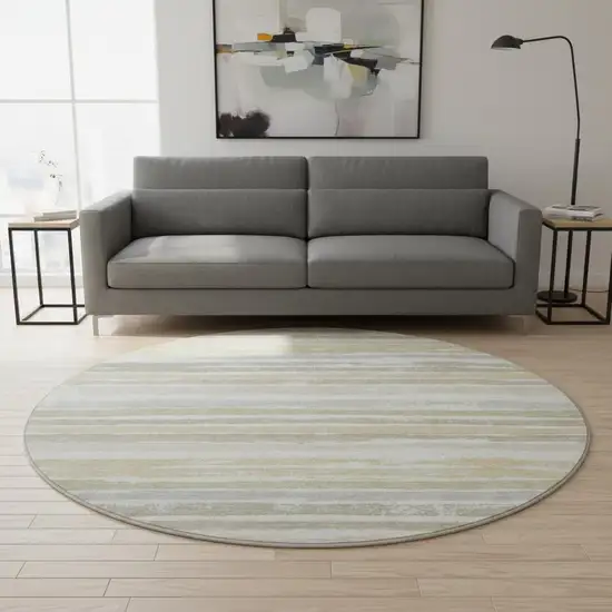 8' Ivory Beige And Taupe Striped Washable Round Rug With UV Protection Photo 2