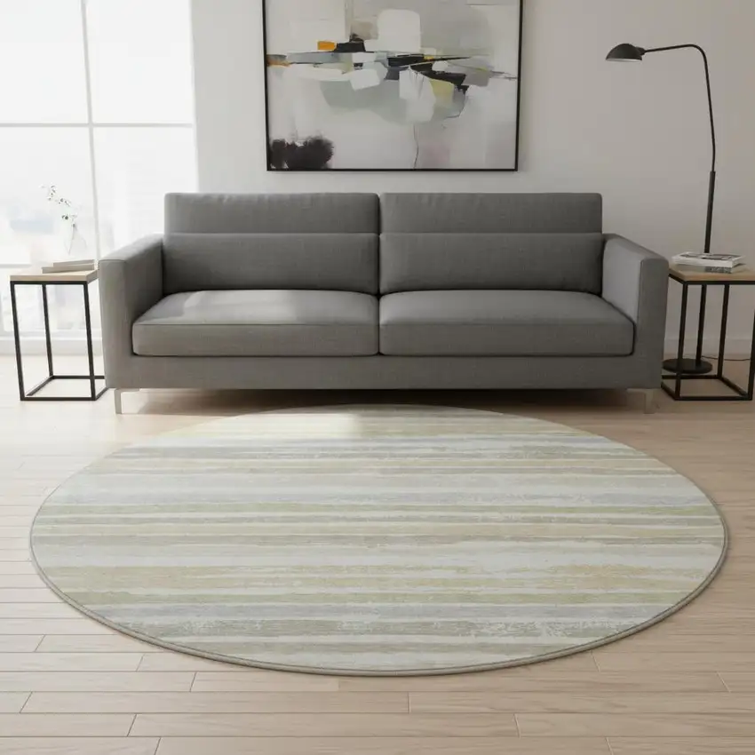 8' Ivory Beige And Taupe Striped Washable Round Rug With UV Protection Photo 2