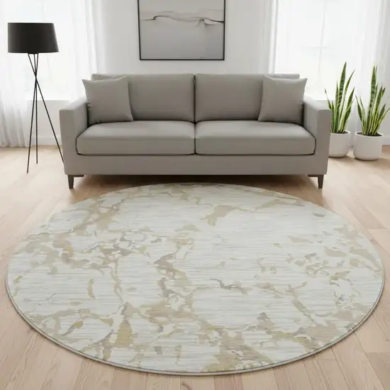 8' Ivory Beige And Taupe Striped Washable Round Rug With UV Protection Photo 2