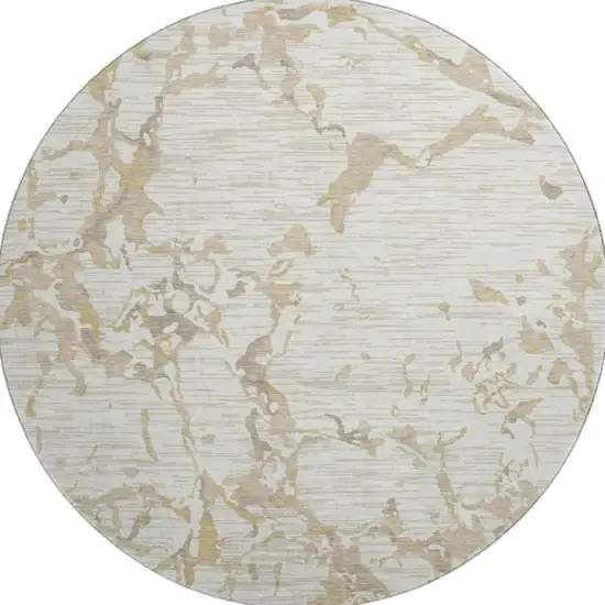 8' Ivory Beige And Taupe Striped Washable Round Rug With UV Protection Photo 3