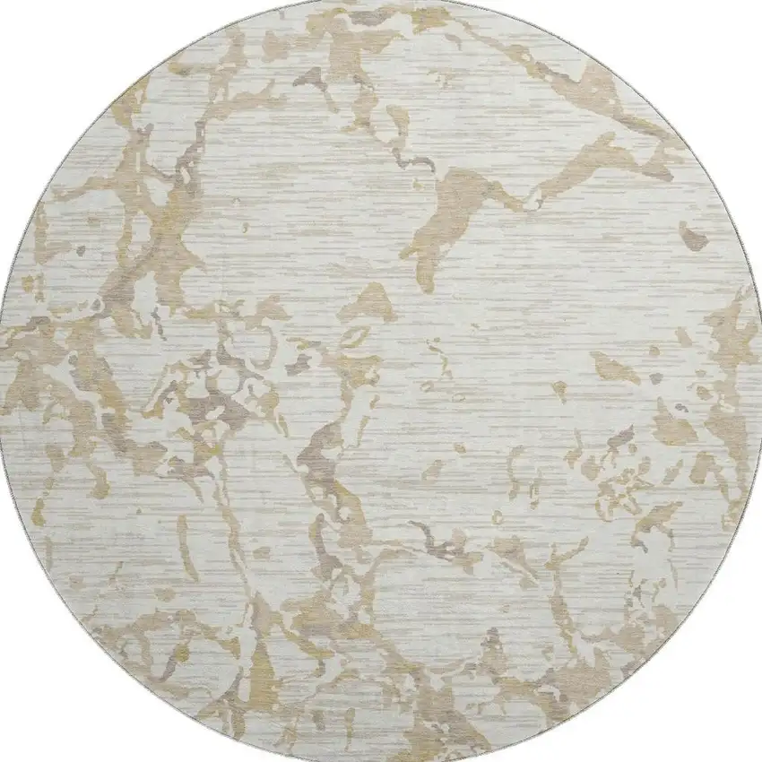 8' Ivory Beige And Taupe Striped Washable Round Rug With UV Protection Photo 3